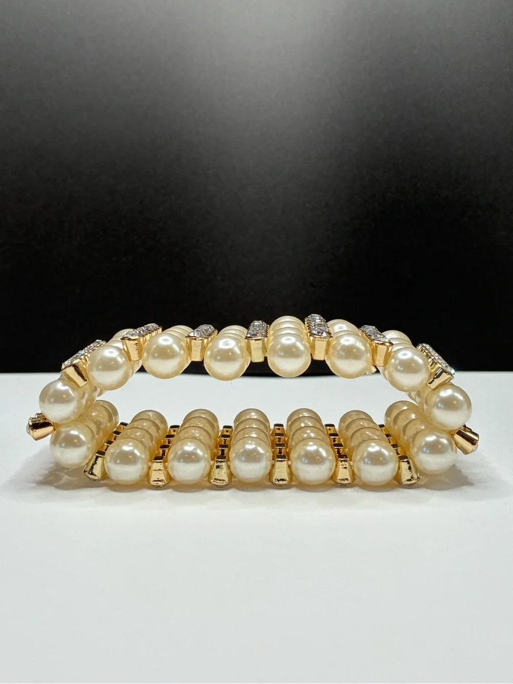 Stunning Cuff Style Pearl & Crystal Gold Stretch Bracelet - Women Accessorie